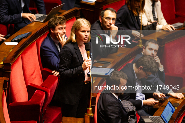 In Paris, France, on October 5, 2024, Justine Gruet, deputy of the Droite Republicaine group, speaks during the public session following the...