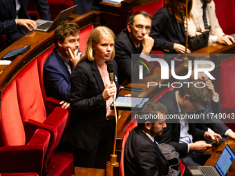 In Paris, France, on October 5, 2024, Justine Gruet, deputy of the Droite Republicaine group, speaks during the public session following the...