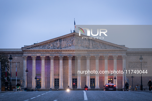 An illustration depicts the frontal facade of Palais Bourbon, the French National Assembly, in Paris, France, on October 5, 2024. 