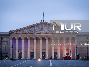 An illustration depicts the frontal facade of Palais Bourbon, the French National Assembly, in Paris, France, on October 5, 2024. (