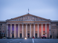 An illustration depicts the frontal facade of Palais Bourbon, the French National Assembly, in Paris, France, on October 5, 2024. (