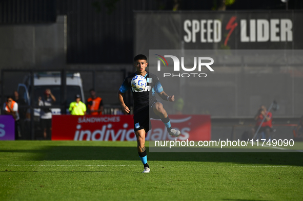 Santiago Solari of Racing Club drives the ball during a Liga Profesional 2024 match between Barracas Central and Racing Club at Estadio Guil...