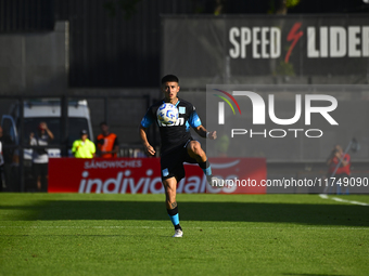 Santiago Solari of Racing Club drives the ball during a Liga Profesional 2024 match between Barracas Central and Racing Club at Estadio Guil...