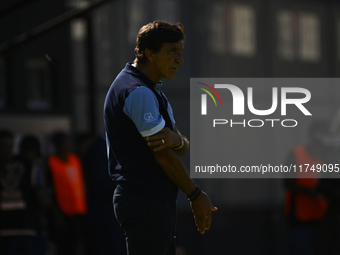 Gustavo Costas, coach of Racing Club, gives instructions to his team players during a Liga Profesional 2024 match between Barracas Central a...