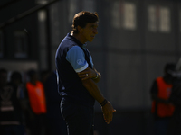 Gustavo Costas, coach of Racing Club, gives instructions to his team players during a Liga Profesional 2024 match between Barracas Central a...