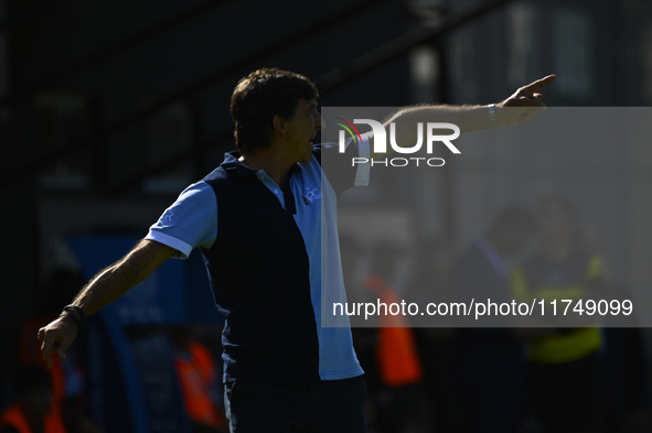 Gustavo Costas, coach of Racing Club, gives instructions to his team players during a Liga Profesional 2024 match between Barracas Central a...