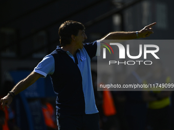 Gustavo Costas, coach of Racing Club, gives instructions to his team players during a Liga Profesional 2024 match between Barracas Central a...