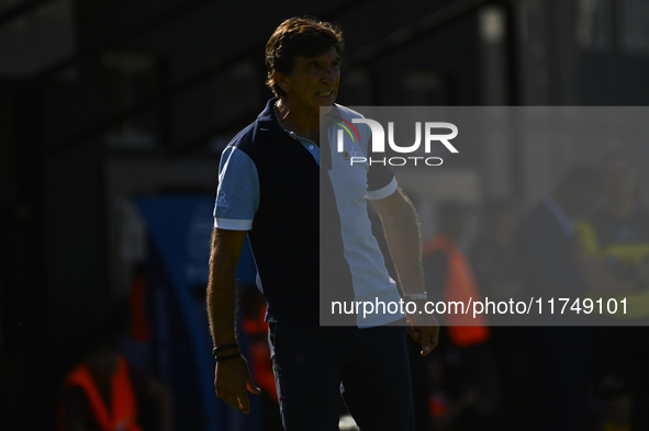 Gustavo Costas, coach of Racing Club, gives instructions to his team players during a Liga Profesional 2024 match between Barracas Central a...