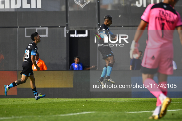 Agustin Almendra of Racing Club celebrates after scoring the team's first goal during a Liga Profesional 2024 match between Barracas Central...