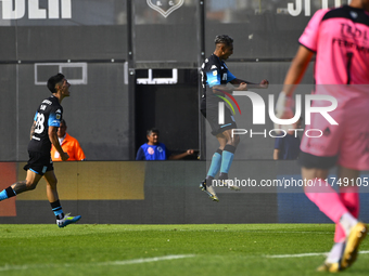 Agustin Almendra of Racing Club celebrates after scoring the team's first goal during a Liga Profesional 2024 match between Barracas Central...