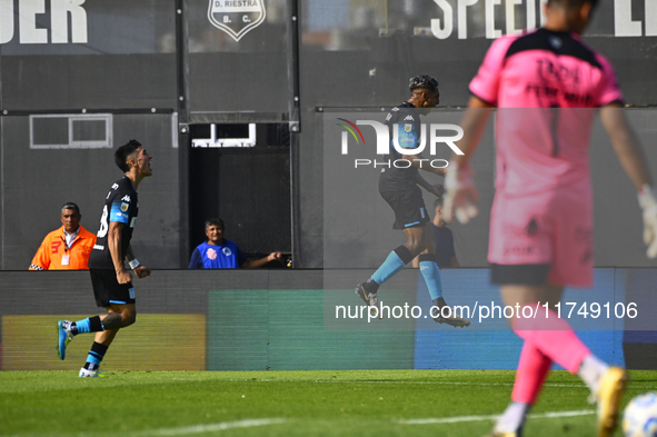 Agustin Almendra of Racing Club celebrates after scoring the team's first goal during a Liga Profesional 2024 match between Barracas Central...