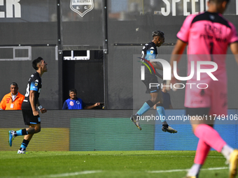 Agustin Almendra of Racing Club celebrates after scoring the team's first goal during a Liga Profesional 2024 match between Barracas Central...