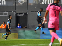 Agustin Almendra of Racing Club celebrates after scoring the team's first goal during a Liga Profesional 2024 match between Barracas Central...