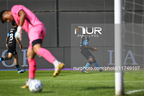 Agustin Almendra of Racing Club celebrates after scoring the team's first goal during a Liga Profesional 2024 match between Barracas Central...