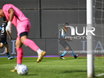 Agustin Almendra of Racing Club celebrates after scoring the team's first goal during a Liga Profesional 2024 match between Barracas Central...