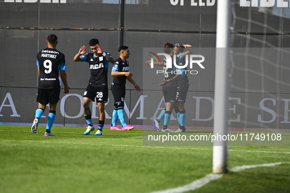 Agustin Almendra of Racing Club celebrates after scoring the team's first goal during a Liga Profesional 2024 match between Barracas Central...