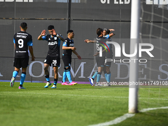 Agustin Almendra of Racing Club celebrates after scoring the team's first goal during a Liga Profesional 2024 match between Barracas Central...