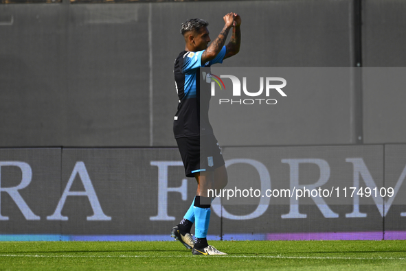 Agustin Almendra of Racing Club celebrates after scoring the team's first goal during a Liga Profesional 2024 match between Barracas Central...