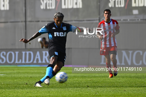 Agustin Almendra of Racing Club kicks the ball during a Liga Profesional 2024 match between Barracas Central and Racing Club at Estadio Guil...