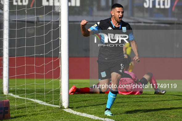 Adrian Martinez of Racing Club celebrates after scoring the team's first goal during a Liga Profesional 2024 match between Barracas Central...