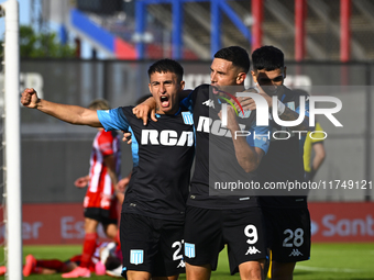 Adrian Martinez of Racing Club celebrates after scoring the team's first goal during a Liga Profesional 2024 match between Barracas Central...