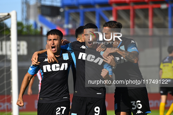 Adrian Martinez of Racing Club celebrates after scoring the team's first goal during a Liga Profesional 2024 match between Barracas Central...