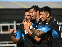 Adrian Martinez, Santiago Sosa, and Santiago Solari of Racing Club celebrate after scoring the team's first goal during a Liga Profesional 2...