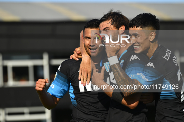 Adrian Martinez, Santiago Sosa, and Santiago Solari of Racing Club celebrate after scoring the team's first goal during a Liga Profesional 2...