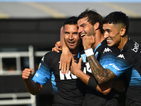 Adrian Martinez, Santiago Sosa, and Santiago Solari of Racing Club celebrate after scoring the team's first goal during a Liga Profesional 2...