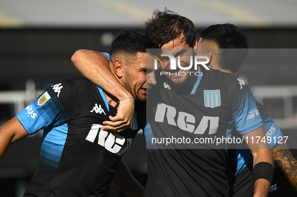 Adrian Martinez and Santiago Sosa of Racing Club celebrate after scoring the team's first goal during a Liga Profesional 2024 match between...