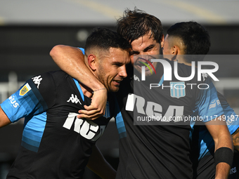 Adrian Martinez and Santiago Sosa of Racing Club celebrate after scoring the team's first goal during a Liga Profesional 2024 match between...