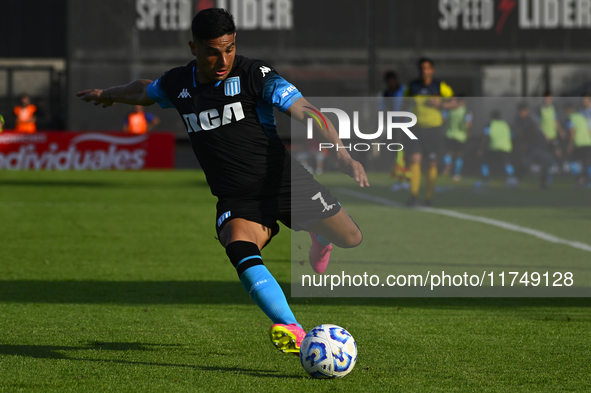 Maximiliano Salas of Racing Club kicks the ball during a Liga Profesional 2024 match between Barracas Central and Racing Club at Estadio Gui...