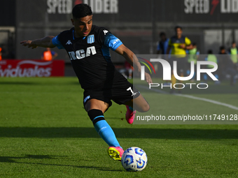 Maximiliano Salas of Racing Club kicks the ball during a Liga Profesional 2024 match between Barracas Central and Racing Club at Estadio Gui...