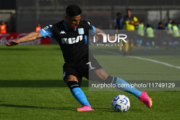 Maximiliano Salas of Racing Club kicks the ball during a Liga Profesional 2024 match between Barracas Central and Racing Club at Estadio Gui...