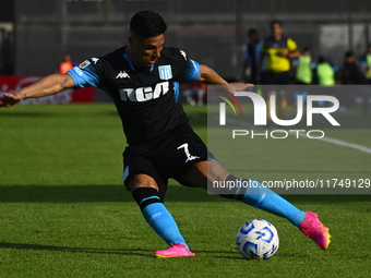 Maximiliano Salas of Racing Club kicks the ball during a Liga Profesional 2024 match between Barracas Central and Racing Club at Estadio Gui...