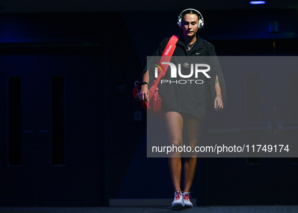 RIYADH, SAUDI ARABIA - NOVEMBER 06: Aryna Sabalenka of Belarus arrives ahead of her match against Elena Rybakina of Kazakhstan, on Day 5 of...