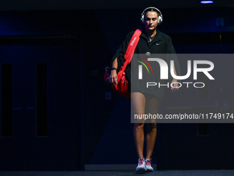 RIYADH, SAUDI ARABIA - NOVEMBER 06: Aryna Sabalenka of Belarus arrives ahead of her match against Elena Rybakina of Kazakhstan, on Day 5 of...