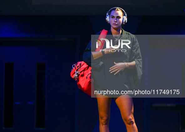 RIYADH, SAUDI ARABIA - NOVEMBER 06: Aryna Sabalenka of Belarus arrives ahead of her match against Elena Rybakina of Kazakhstan, on Day 5 of...