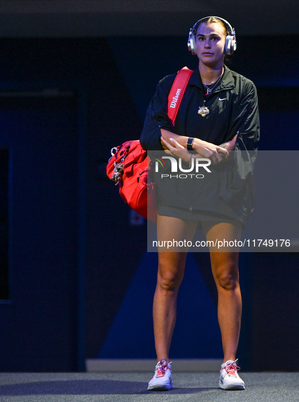 RIYADH, SAUDI ARABIA - NOVEMBER 06: Aryna Sabalenka of Belarus arrives ahead of her match against Elena Rybakina of Kazakhstan, on Day 5 of...