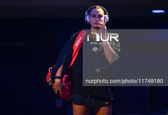 RIYADH, SAUDI ARABIA - NOVEMBER 06: Aryna Sabalenka of Belarus arrives ahead of her match against Elena Rybakina of Kazakhstan, on Day 5 of...