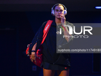 RIYADH, SAUDI ARABIA - NOVEMBER 06: Aryna Sabalenka of Belarus arrives ahead of her match against Elena Rybakina of Kazakhstan, on Day 5 of...