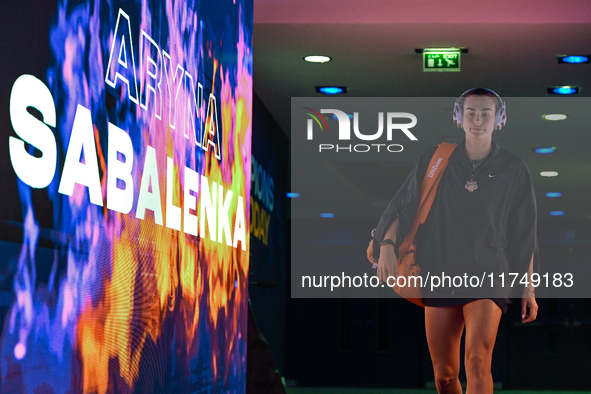 RIYADH, SAUDI ARABIA - NOVEMBER 06: Aryna Sabalenka of Belarus arrives ahead of her match against Elena Rybakina of Kazakhstan, on Day 5 of...