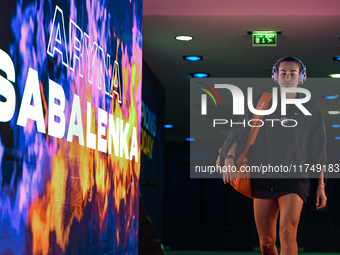 RIYADH, SAUDI ARABIA - NOVEMBER 06: Aryna Sabalenka of Belarus arrives ahead of her match against Elena Rybakina of Kazakhstan, on Day 5 of...