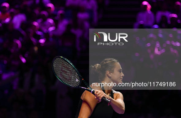 RIYADH, SAUDI ARABIA - NOVEMBER 06: Aryna Sabalenka of Belarus during her match against Elena Rybakina of Kazakhstan, on Day 5 of the 2024 W...