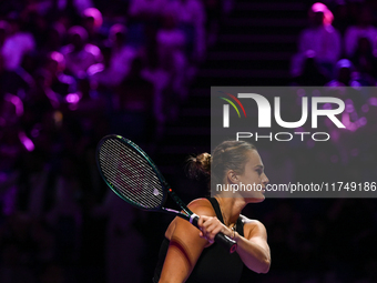 RIYADH, SAUDI ARABIA - NOVEMBER 06: Aryna Sabalenka of Belarus during her match against Elena Rybakina of Kazakhstan, on Day 5 of the 2024 W...