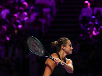 RIYADH, SAUDI ARABIA - NOVEMBER 06: Aryna Sabalenka of Belarus during her match against Elena Rybakina of Kazakhstan, on Day 5 of the 2024 W...