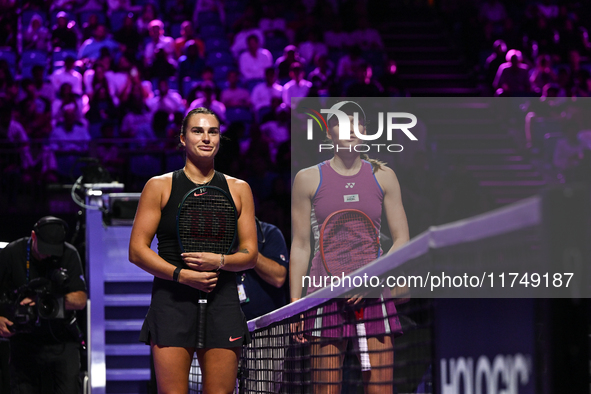 RIYADH, SAUDI ARABIA - NOVEMBER 06: Aryna Sabalenka (L) of Belarus and Elena Rybakina of Kazakhstan, pose for a picture ahead of their match...