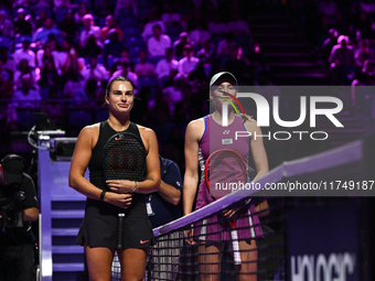 RIYADH, SAUDI ARABIA - NOVEMBER 06: Aryna Sabalenka (L) of Belarus and Elena Rybakina of Kazakhstan, pose for a picture ahead of their match...