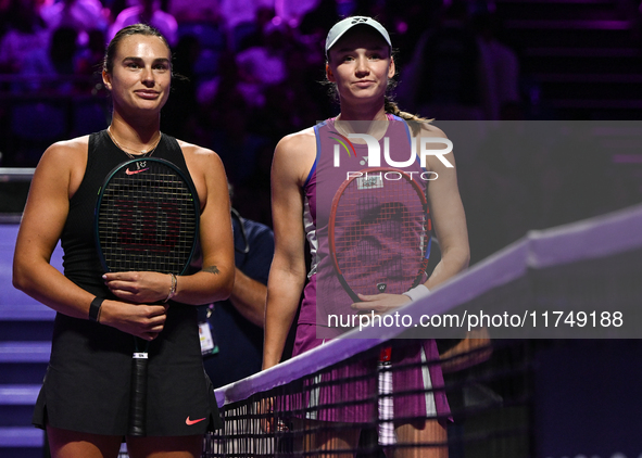 RIYADH, SAUDI ARABIA - NOVEMBER 06: Aryna Sabalenka (L) of Belarus and Elena Rybakina of Kazakhstan, pose for a picture ahead of their match...