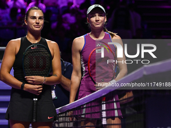 RIYADH, SAUDI ARABIA - NOVEMBER 06: Aryna Sabalenka (L) of Belarus and Elena Rybakina of Kazakhstan, pose for a picture ahead of their match...